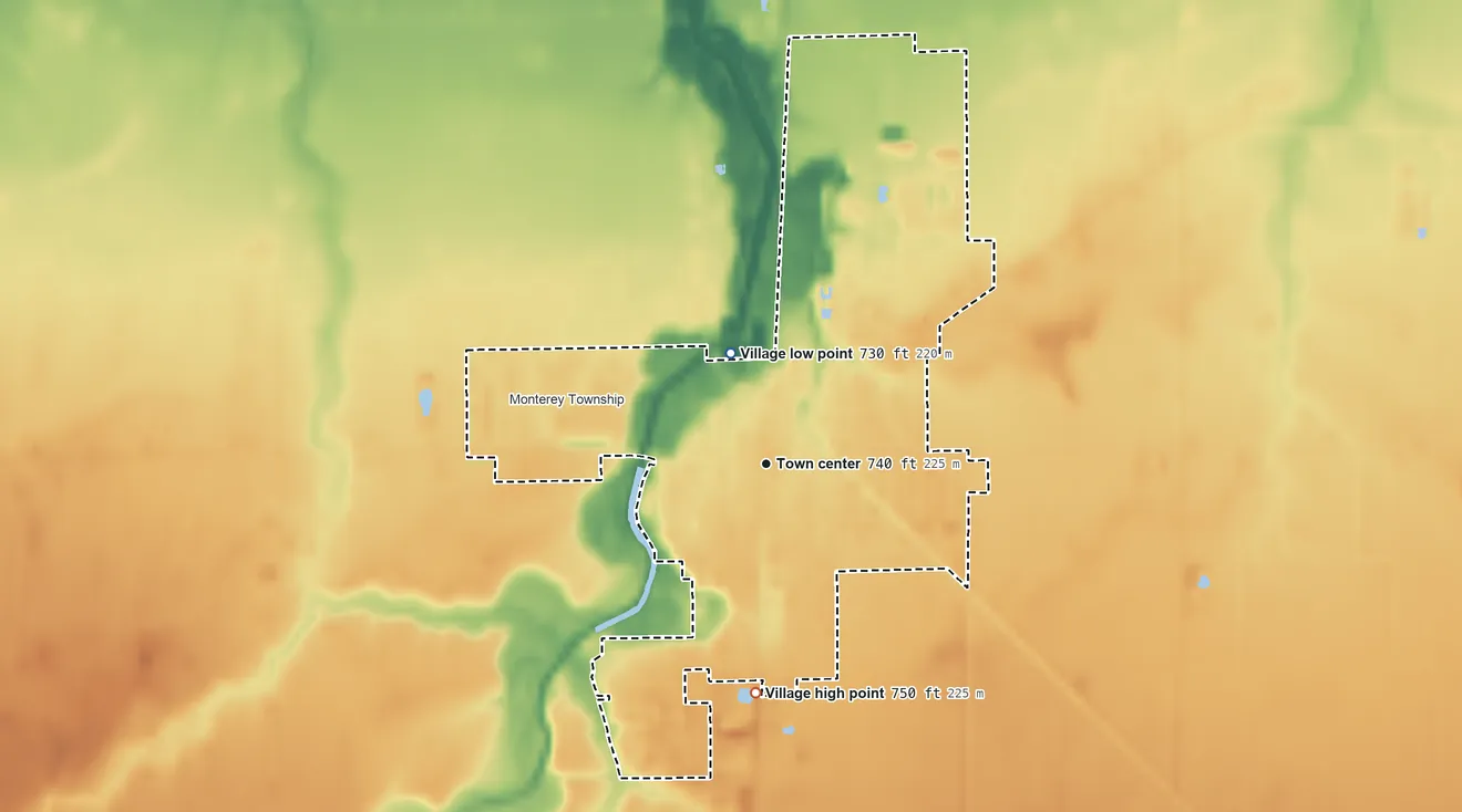 Topographic elevation map of Ottoville, Ohio, shaded from 730 ft on the north side to 750 ft on the south side