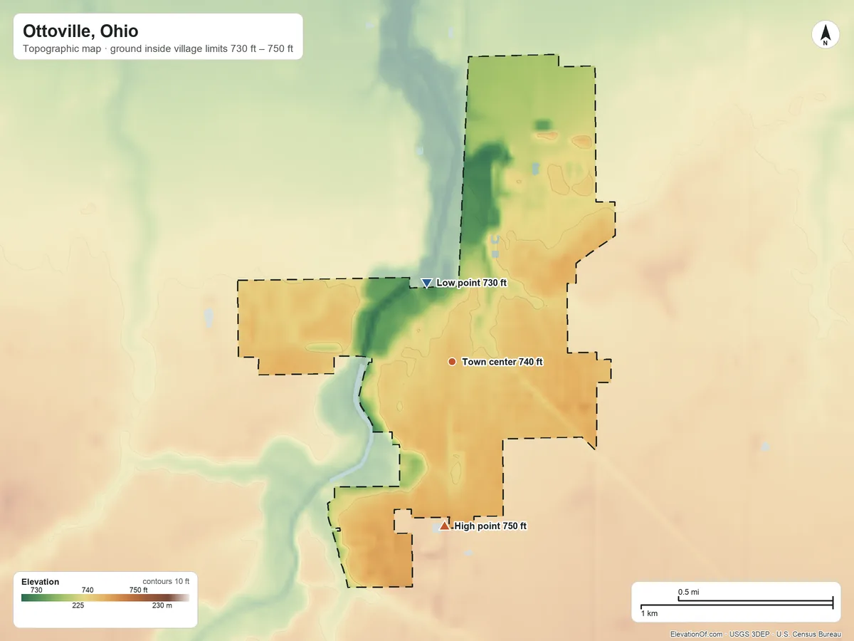Topographic elevation map of Ottoville, Ohio, shaded from 730 ft on the north side to 750 ft on the south side