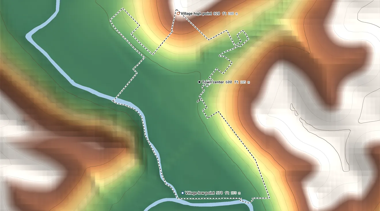 Topographic elevation map of Otway, Ohio, shaded from 570 ft on the south side to 920 ft on the north side