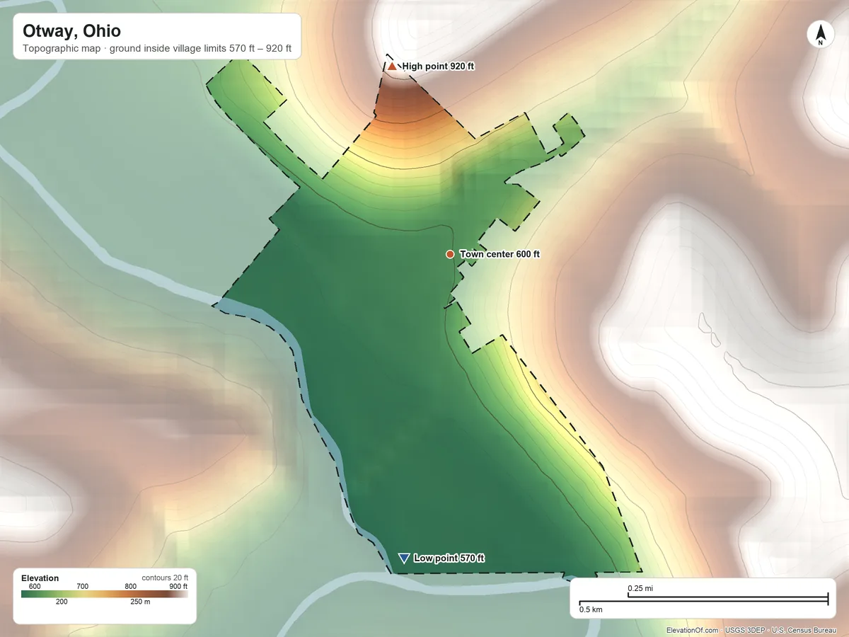 Topographic elevation map of Otway, Ohio, shaded from 570 ft on the south side to 920 ft on the north side