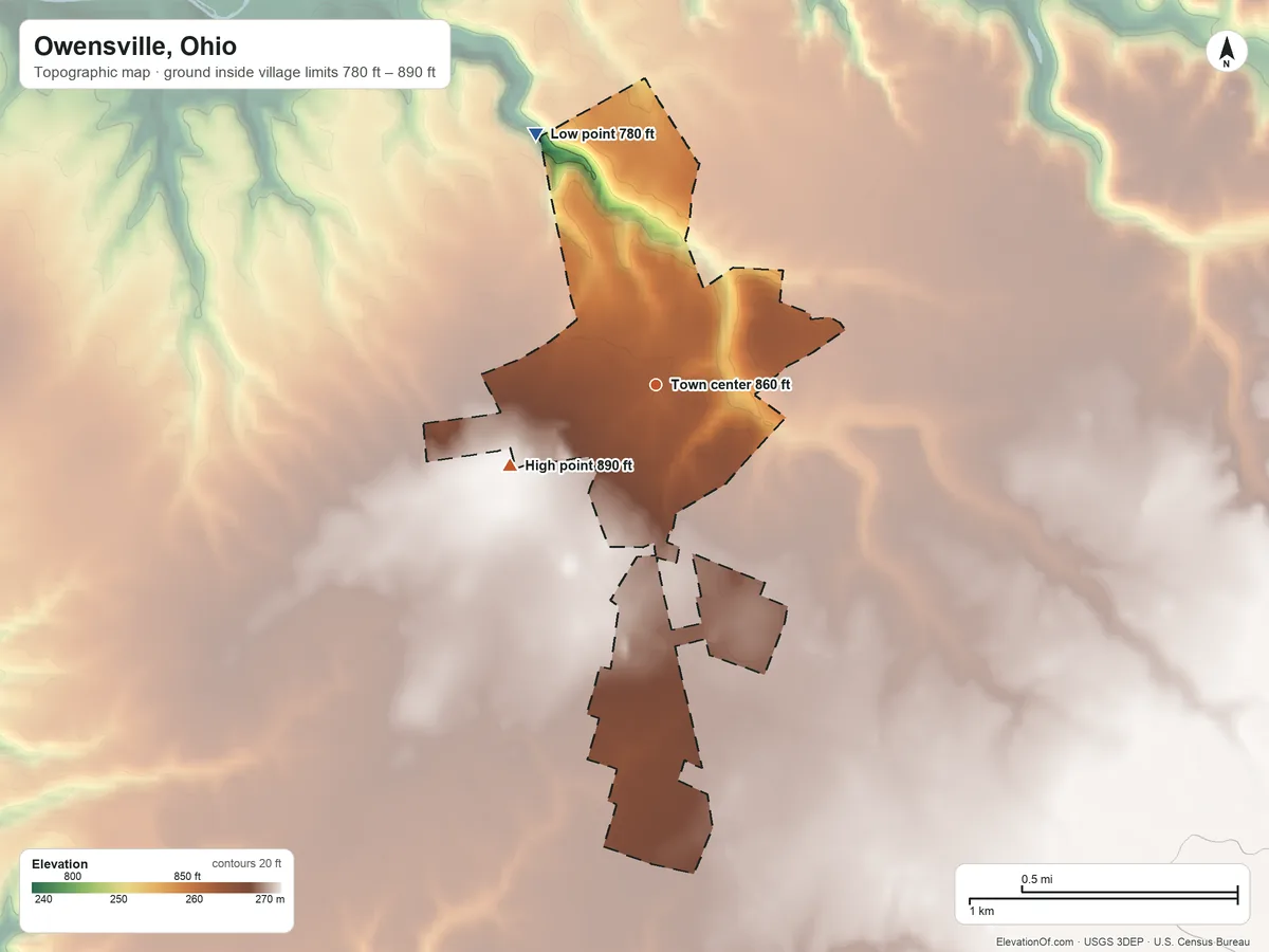 Topographic elevation map of Owensville, Ohio, shaded from 780 ft on the northwest side to 890 ft on the southwest side