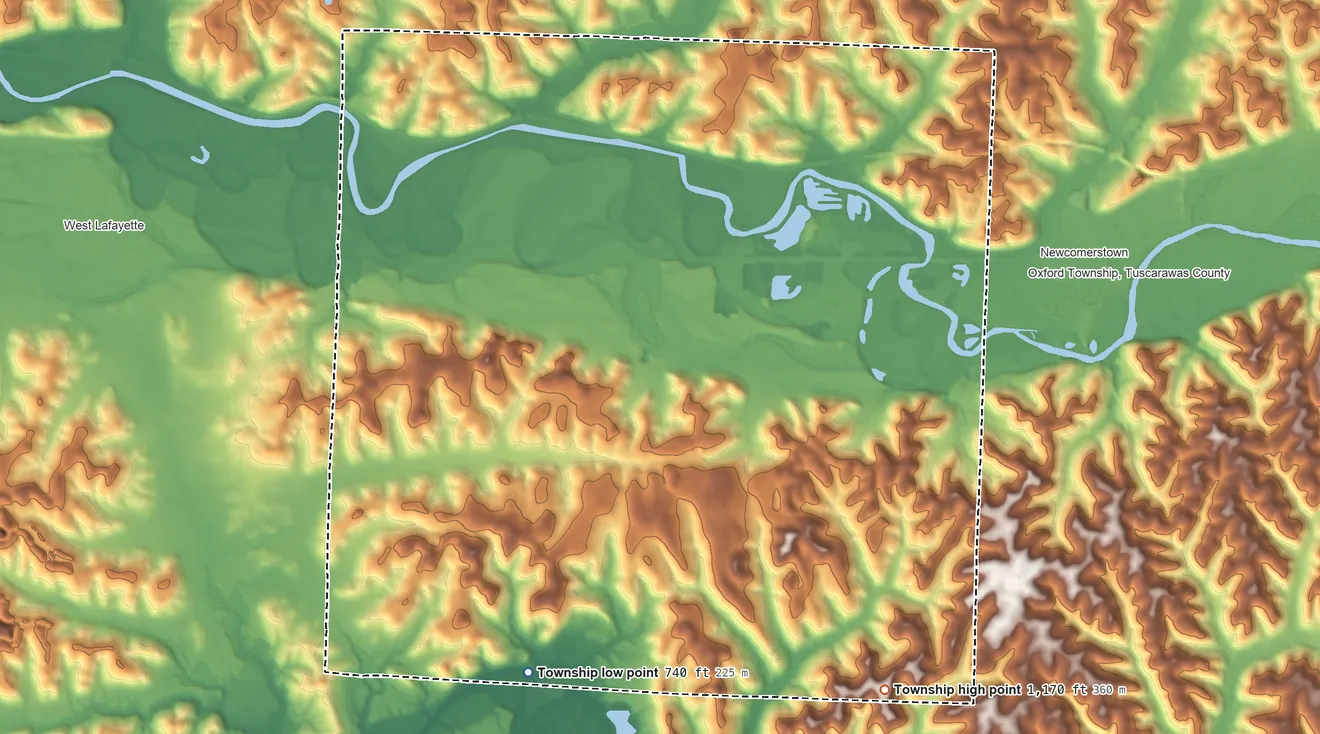 Topographic elevation map of Oxford Township, Coshocton County, Ohio, shaded from 740 ft on the south side to 1,170 ft on the southeast side