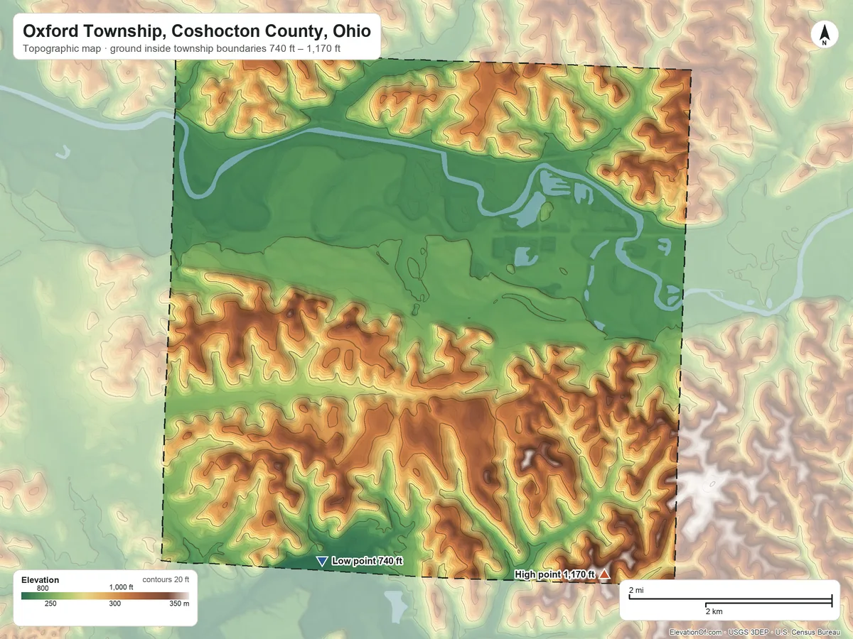 Topographic elevation map of Oxford Township, Coshocton County, Ohio, shaded from 740 ft on the south side to 1,170 ft on the southeast side