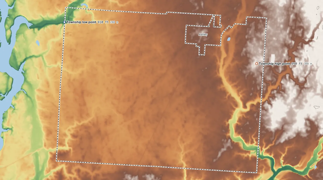 Topographic elevation map of Oxford Township, Delaware County, Ohio, shaded from 910 ft on the northwest side to 990 ft on the east side