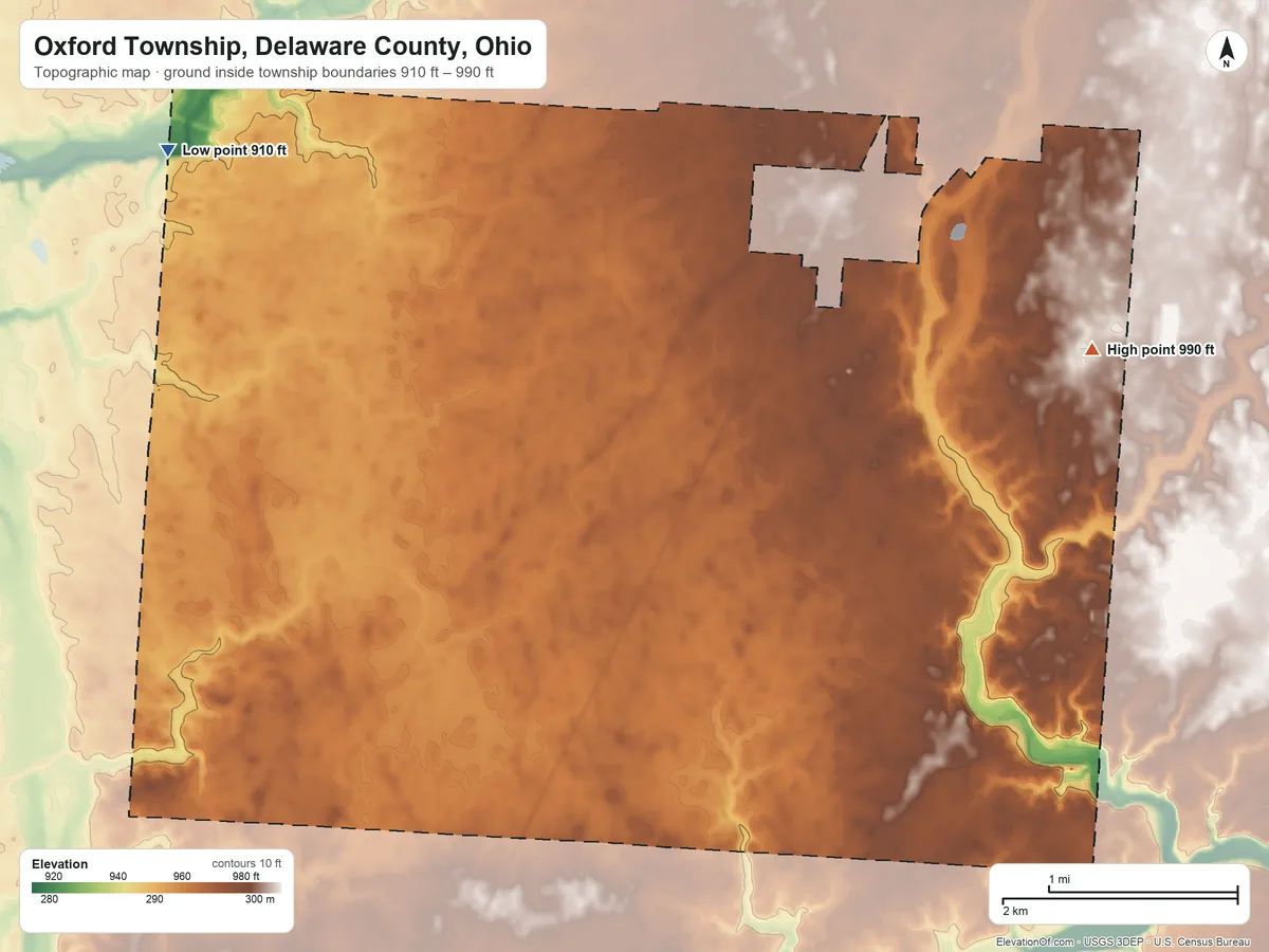 Topographic elevation map of Oxford Township, Delaware County, Ohio, shaded from 910 ft on the northwest side to 990 ft on the east side