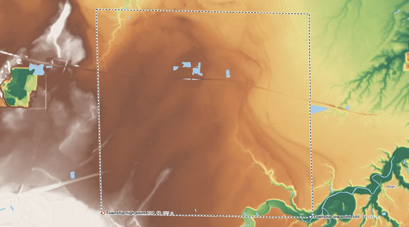 Topographic elevation map of Oxford Township, Erie County, Ohio, shaded from 600 ft on the southeast side to 730 ft on the southwest side