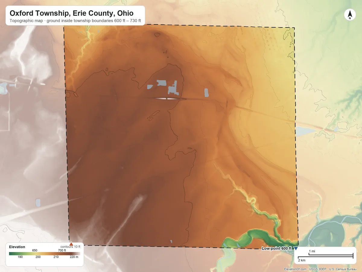 Topographic elevation map of Oxford Township, Erie County, Ohio, shaded from 600 ft on the southeast side to 730 ft on the southwest side