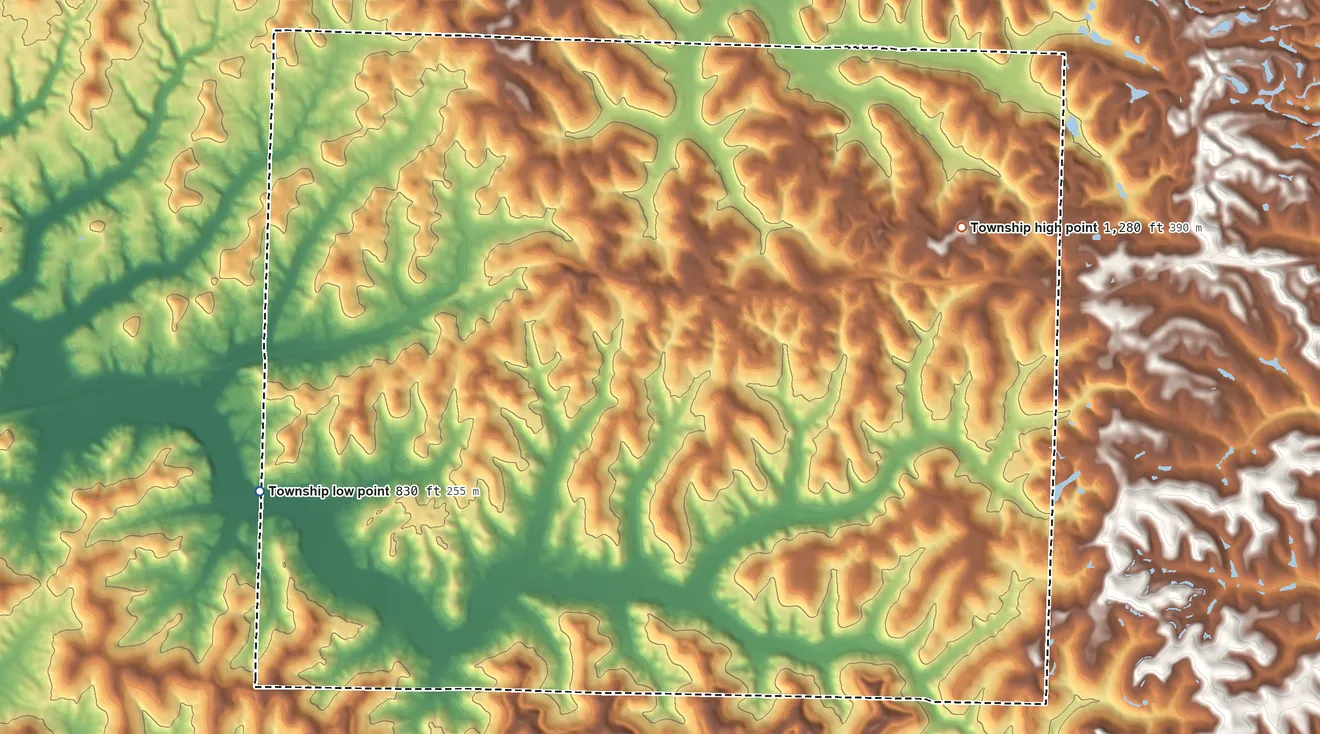 Topographic elevation map of Oxford Township, Guernsey County, Ohio, shaded from 830 ft on the west side to 1,280 ft on the northeast side