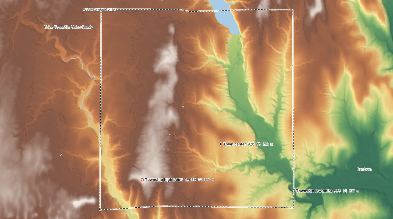 Topographic elevation map of Oxford Township, Ohio, shaded from 750 ft on the southeast side to 1,050 ft on the southwest side