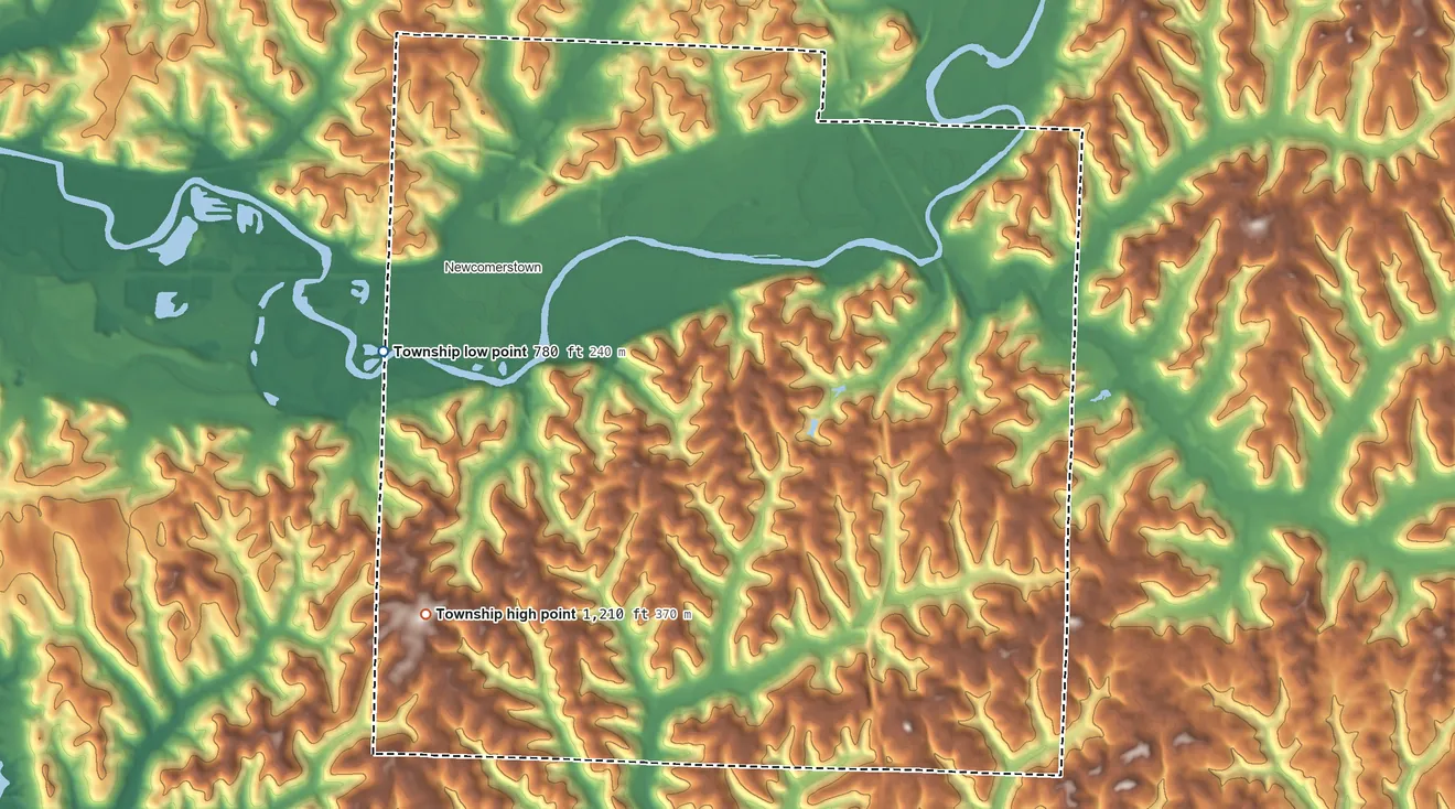 Topographic elevation map of Oxford Township, Tuscarawas County, Ohio, shaded from 780 ft on the west side to 1,210 ft on the south side