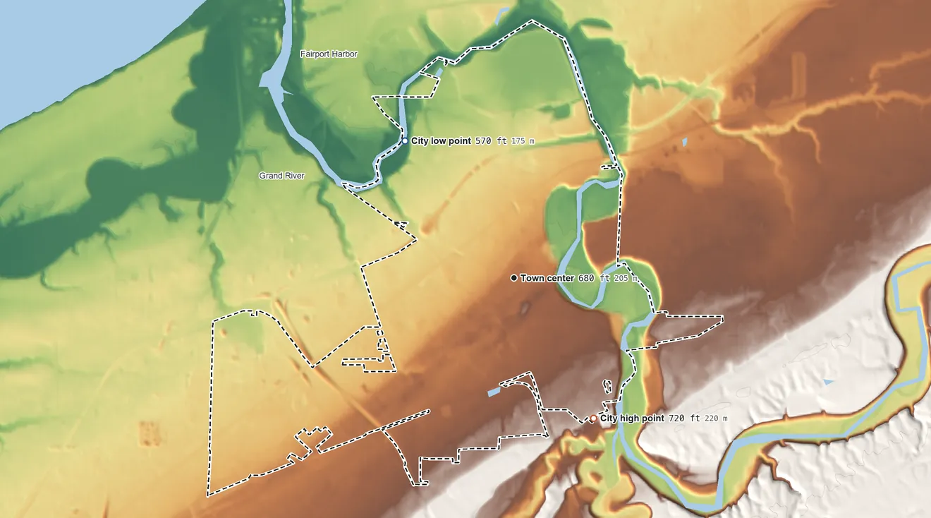 Topographic elevation map of Painesville, Ohio, shaded from 570 ft on the northwest side to 720 ft on the southeast side
