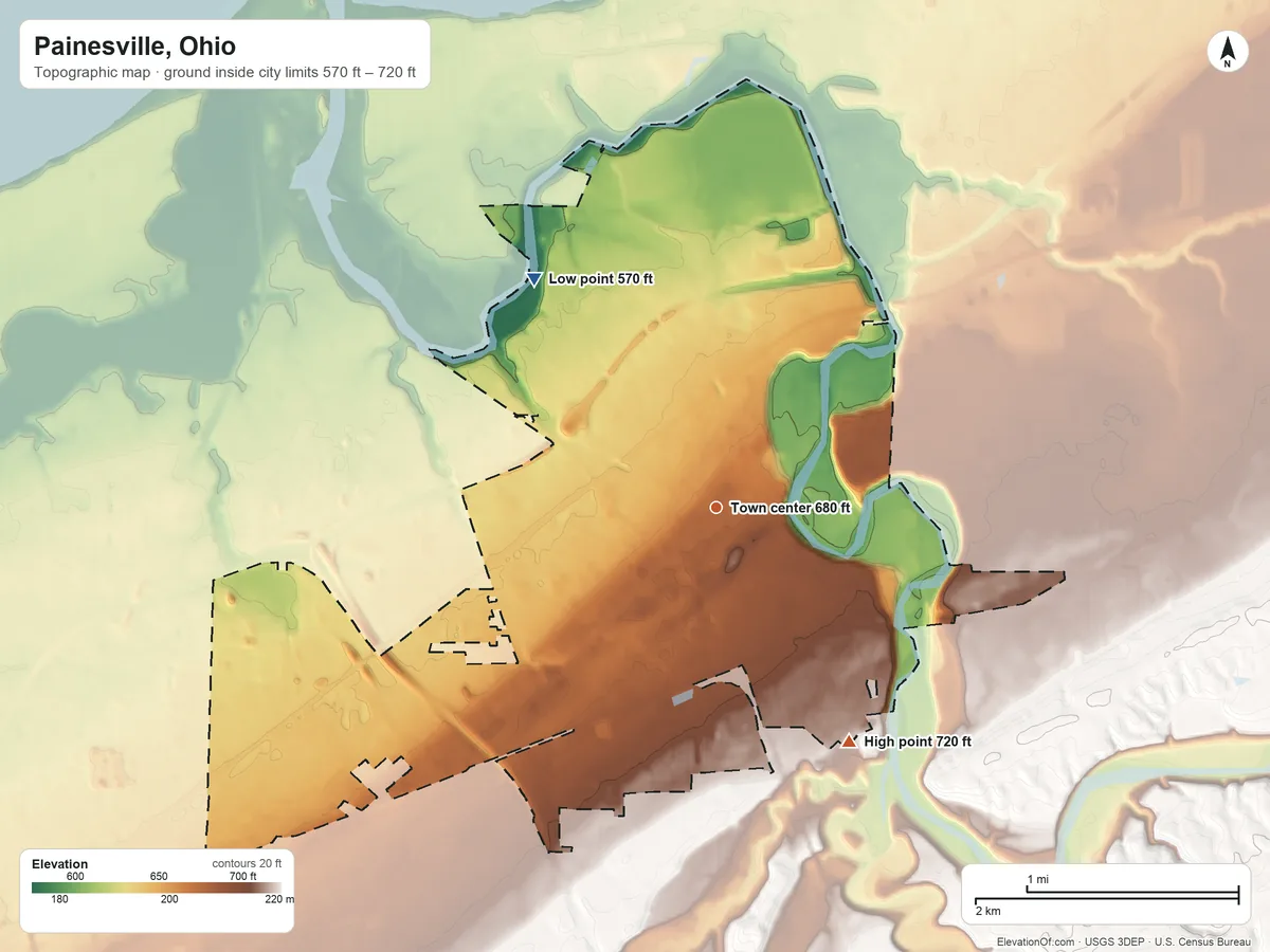 Topographic elevation map of Painesville, Ohio, shaded from 570 ft on the northwest side to 720 ft on the southeast side
