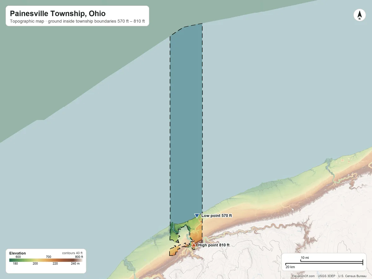 Topographic elevation map of Painesville Township, Ohio, shaded from 570 ft near the middle to 810 ft near the middle