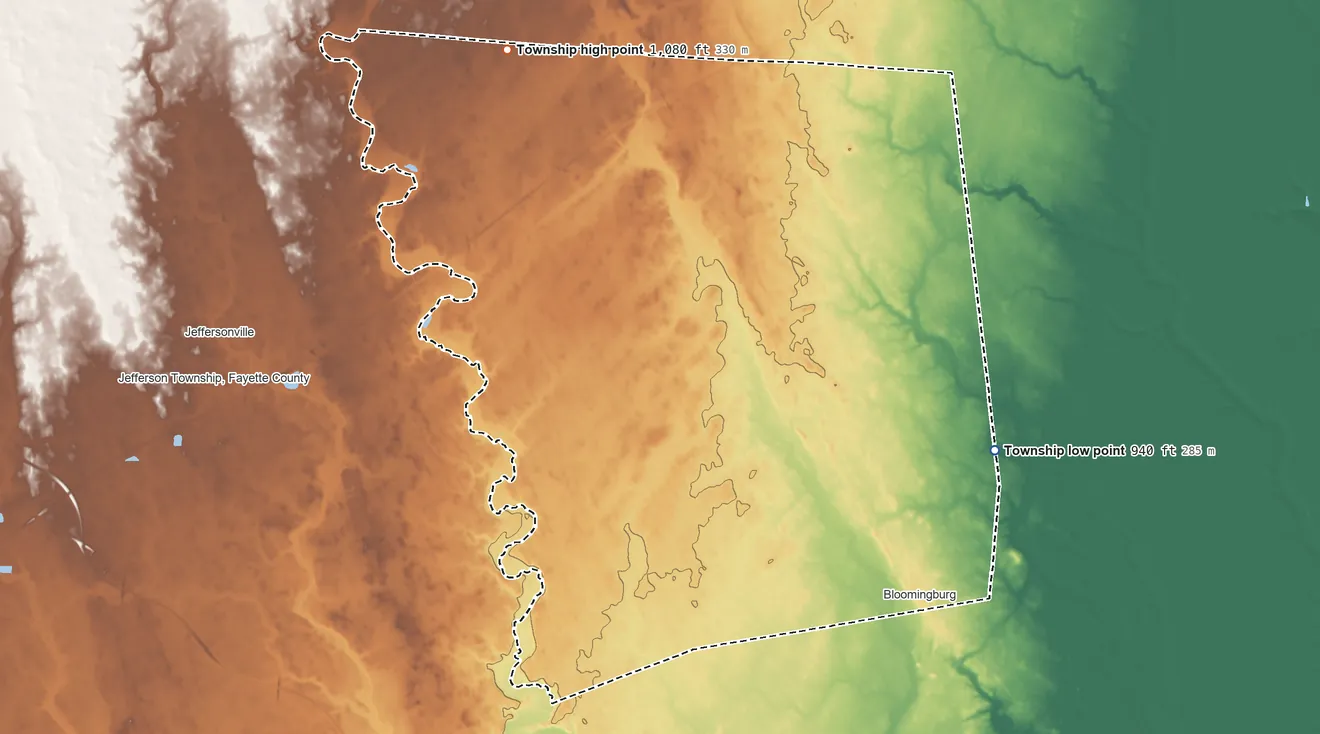 Topographic elevation map of Paint Township, Fayette County, Ohio, shaded from 940 ft on the east side to 1,080 ft on the northwest side