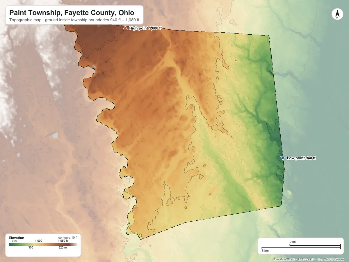 Topographic elevation map of Paint Township, Fayette County, Ohio, shaded from 940 ft on the east side to 1,080 ft on the northwest side