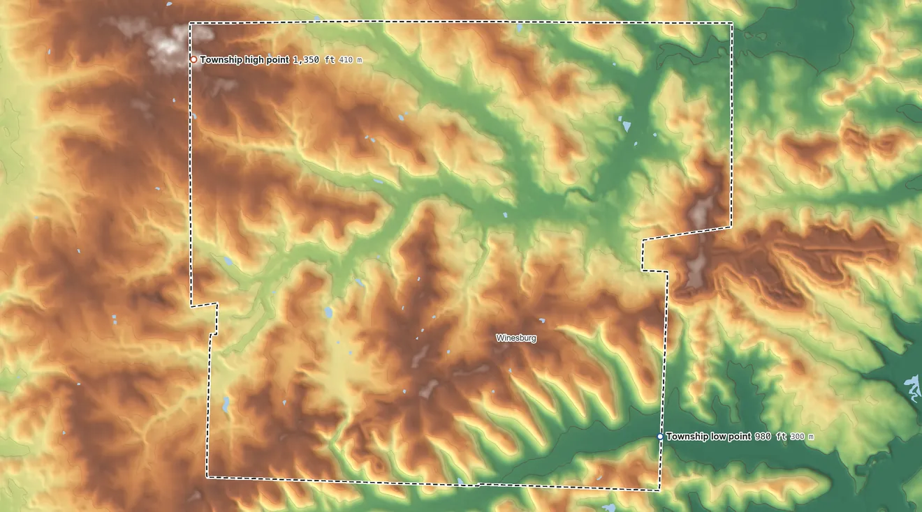 Topographic elevation map of Paint Township, Holmes County, Ohio, shaded from 980 ft on the southeast side to 1,350 ft on the northwest side
