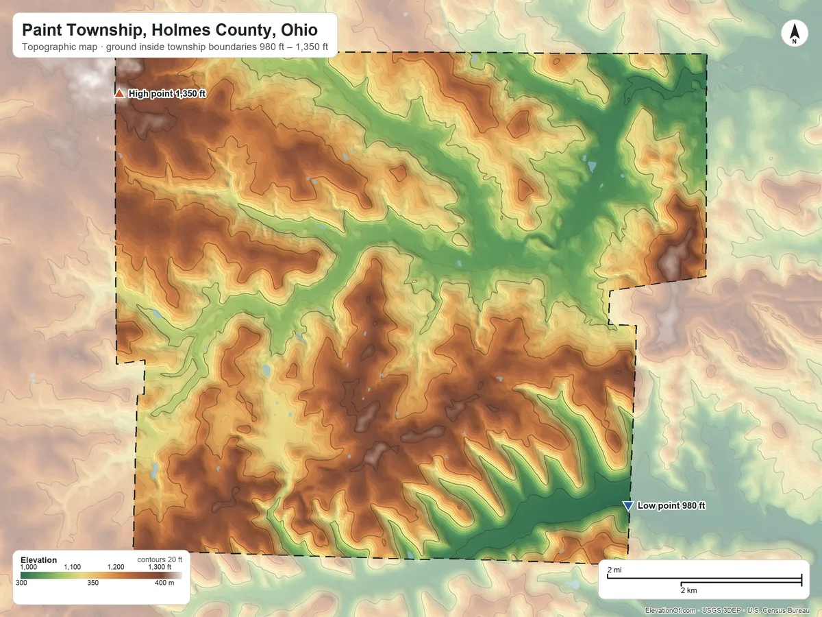 Topographic elevation map of Paint Township, Holmes County, Ohio, shaded from 980 ft on the southeast side to 1,350 ft on the northwest side