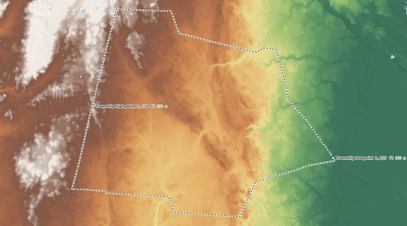 Topographic elevation map of Paint Township, Madison County, Ohio, shaded from 1,010 ft on the southeast side to 1,150 ft on the west side