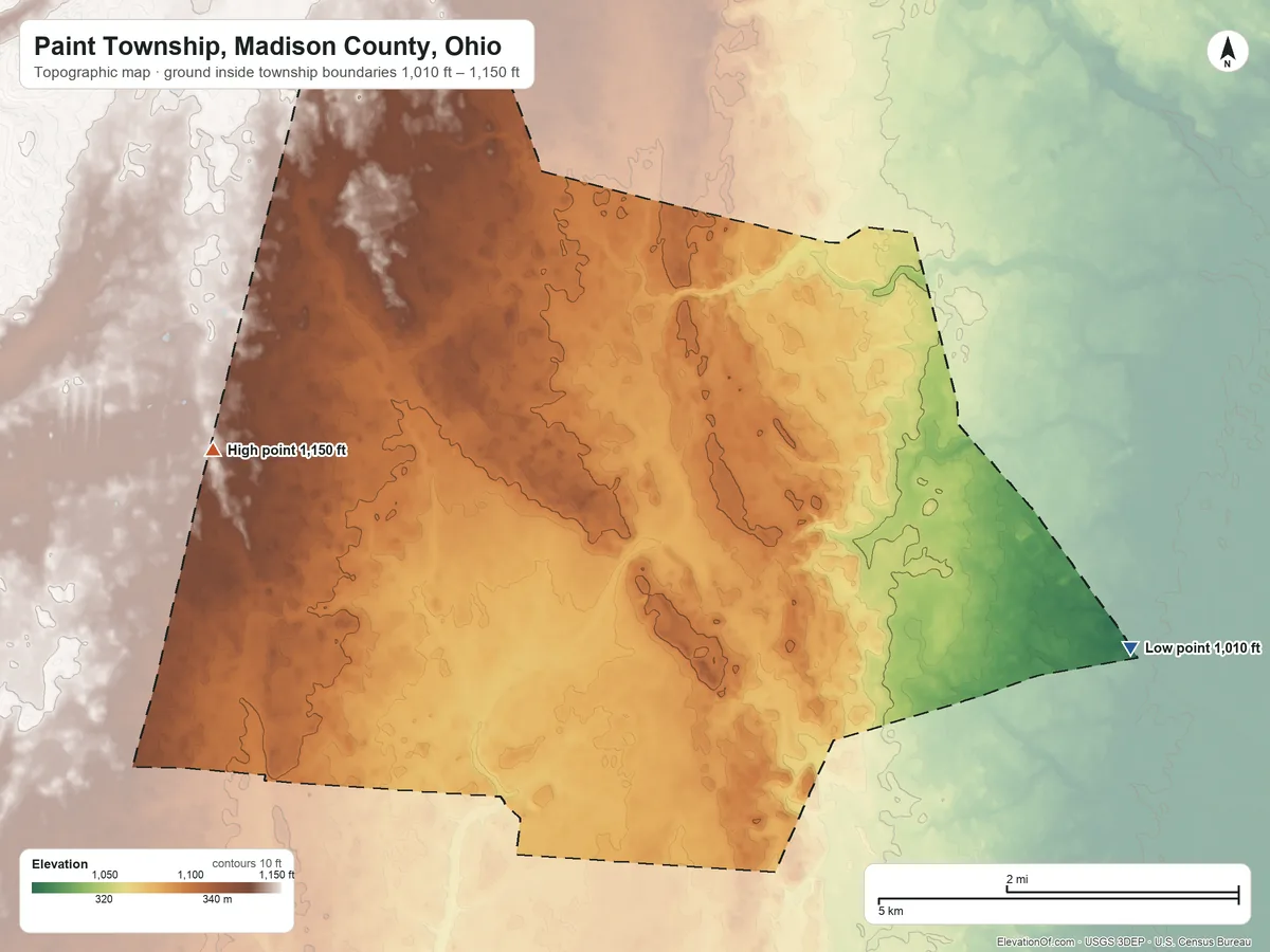 Topographic elevation map of Paint Township, Madison County, Ohio, shaded from 1,010 ft on the southeast side to 1,150 ft on the west side