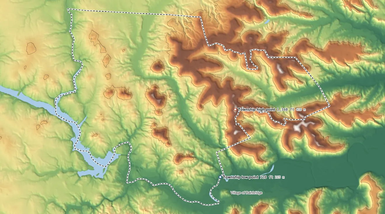 Topographic elevation map of Paint Township, Ross County, Ohio, shaded from 710 ft on the southeast side to 1,340 ft on the east side