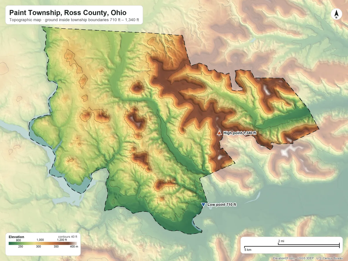 Topographic elevation map of Paint Township, Ross County, Ohio, shaded from 710 ft on the southeast side to 1,340 ft on the east side