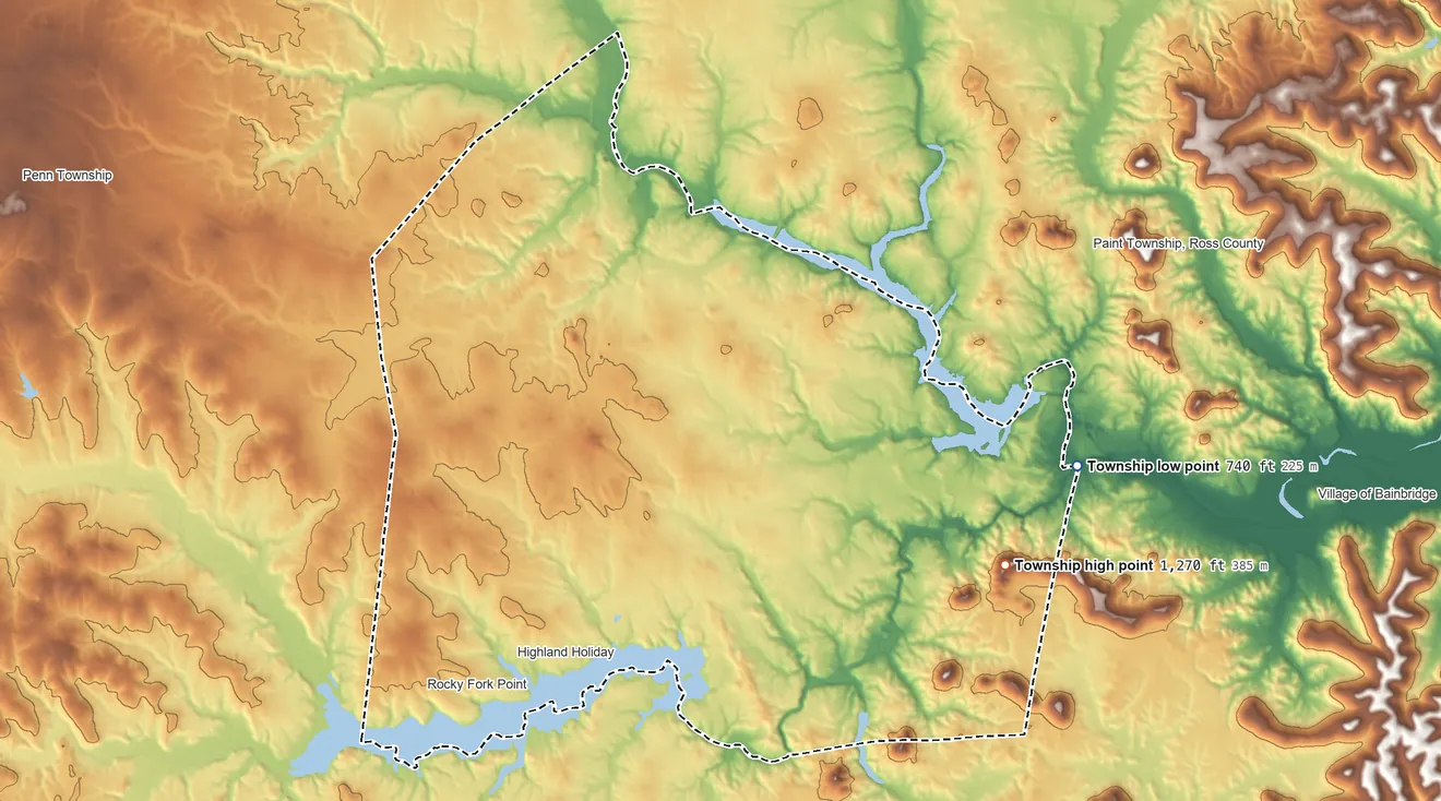 Topographic elevation map of Paint Township, Ohio, shaded from 740 ft on the east side to 1,270 ft on Jones Hill