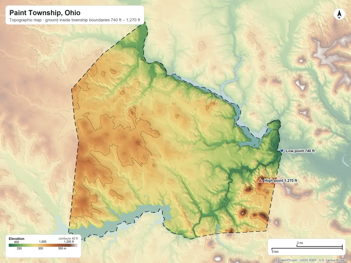 Topographic elevation map of Paint Township, Ohio, shaded from 740 ft on the east side to 1,270 ft on Jones Hill