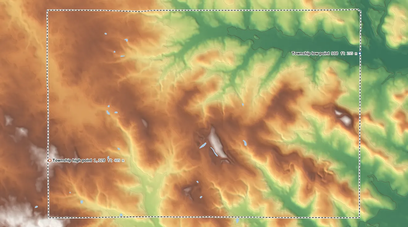 Topographic elevation map of Paint Township, Wayne County, Ohio, shaded from 980 ft on the east side to 1,320 ft on the southwest side
