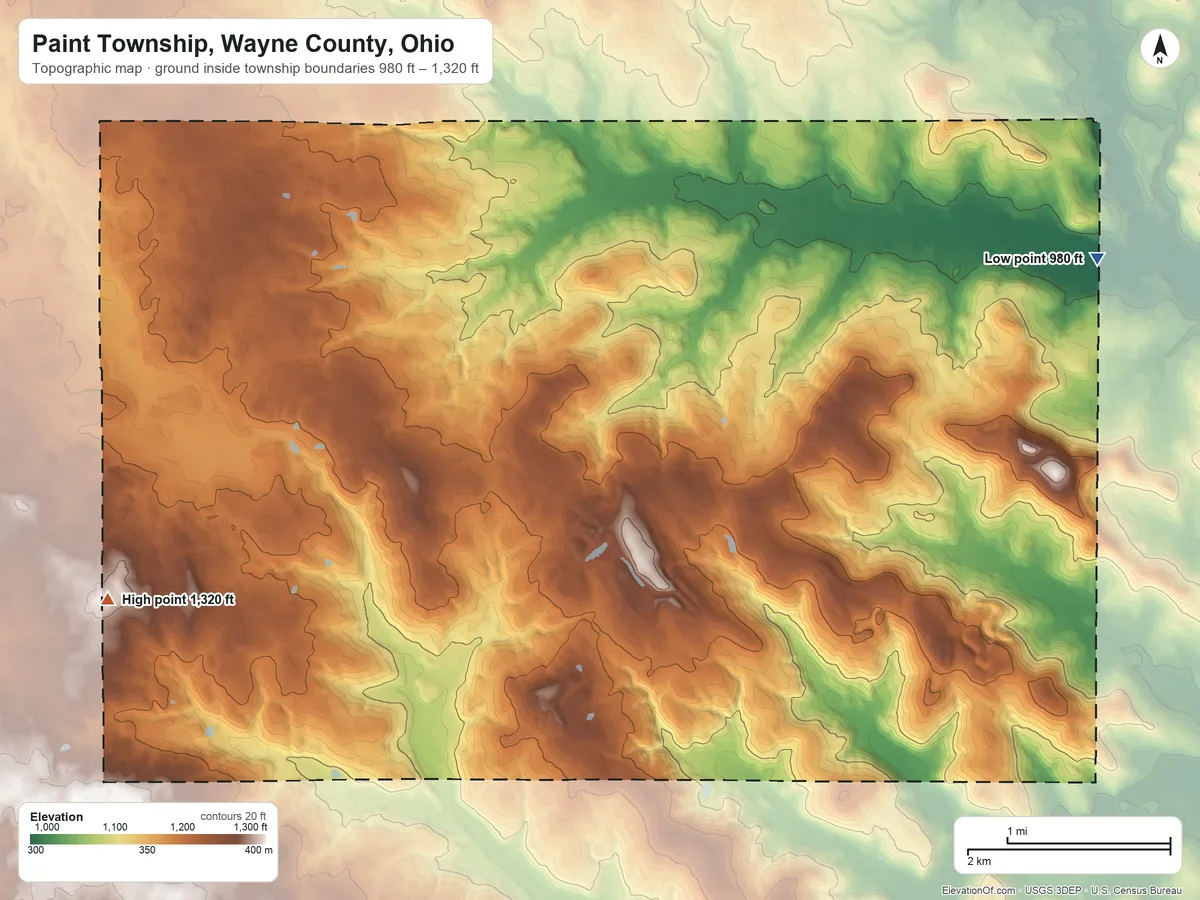 Topographic elevation map of Paint Township, Wayne County, Ohio, shaded from 980 ft on the east side to 1,320 ft on the southwest side