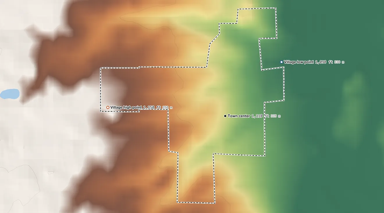 Topographic elevation map of Palestine, Ohio, shaded from 1,090 ft on the northeast side to 1,150 ft on the west side