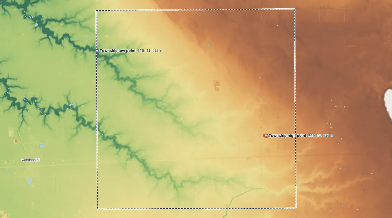 Topographic elevation map of Palmer Township, Ohio, shaded from 710 ft on the northwest side to 760 ft on the southeast side