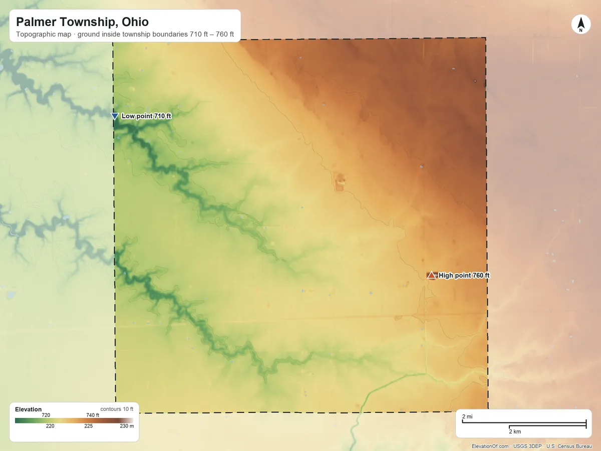 Topographic elevation map of Palmer Township, Ohio, shaded from 710 ft on the northwest side to 760 ft on the southeast side