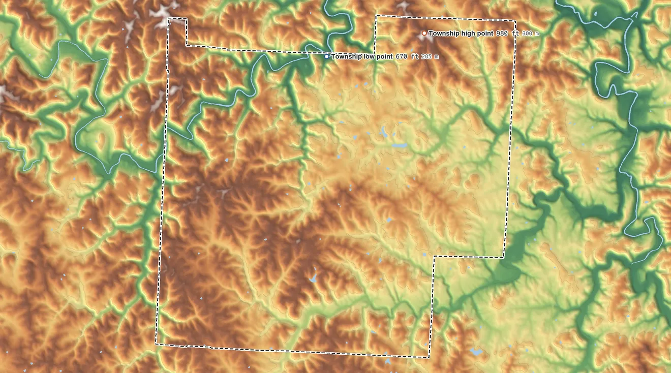 Topographic elevation map of Palmer Township, Washington County, Ohio, shaded from 670 ft on the north side to 980 ft on the northeast side