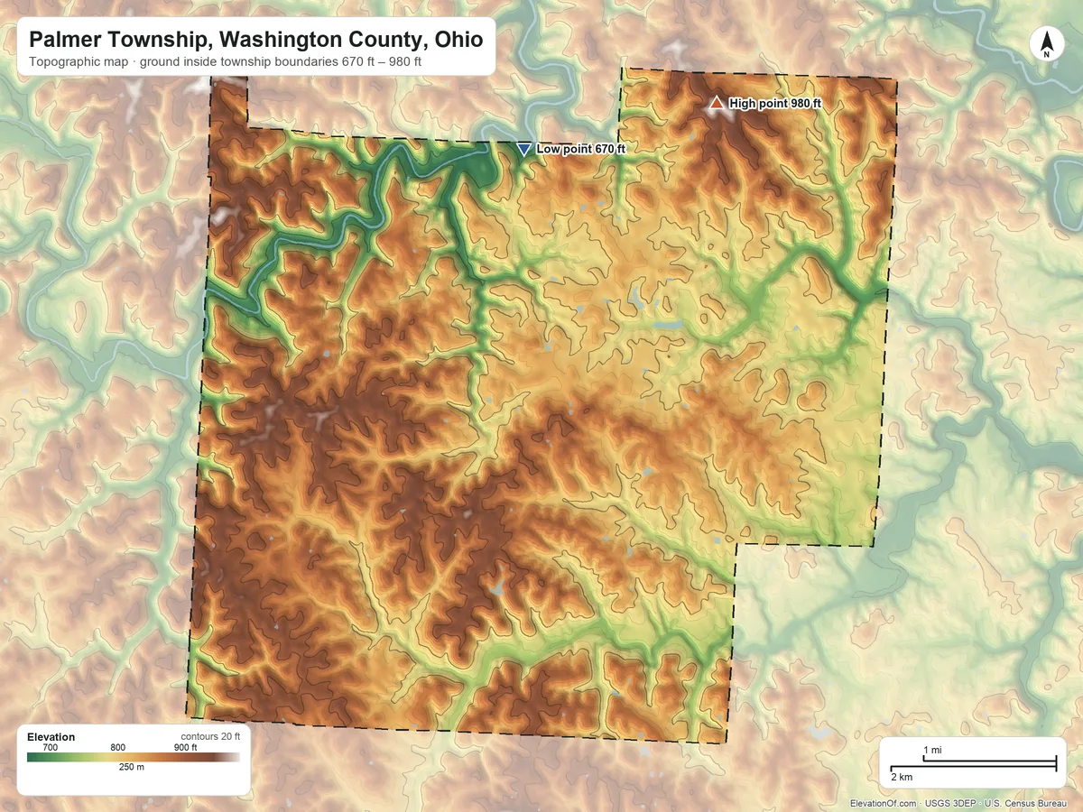 Topographic elevation map of Palmer Township, Washington County, Ohio, shaded from 670 ft on the north side to 980 ft on the northeast side