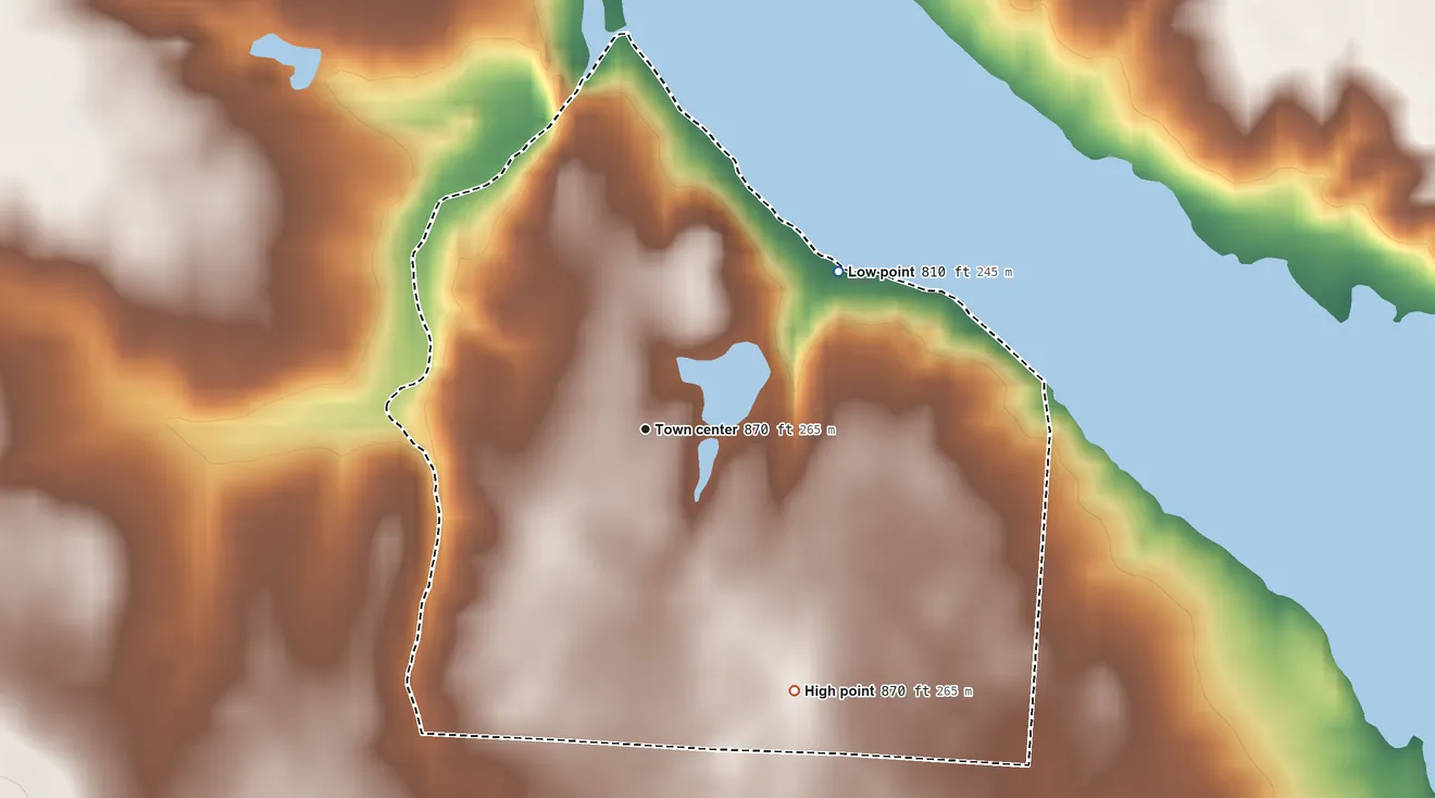 Topographic elevation map of Pancoastburg, Ohio, shaded from 810 ft on the northeast side to 870 ft on the southeast side