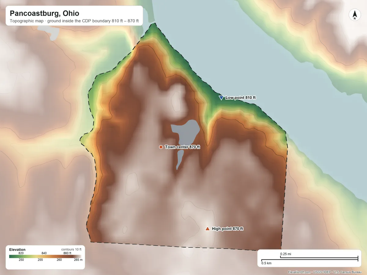 Topographic elevation map of Pancoastburg, Ohio, shaded from 810 ft on the northeast side to 870 ft on the southeast side