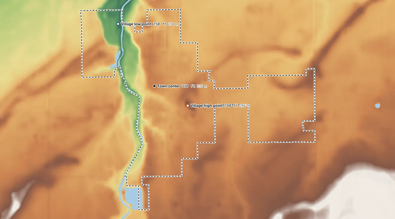 Topographic elevation map of Pandora, Ohio, shaded from 750 ft on the northwest side to 780 ft on the southeast side