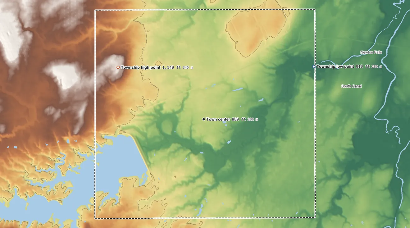 Topographic elevation map of Paris Township, Portage County, Ohio, shaded from 910 ft on the northeast side to 1,140 ft on the northwest side