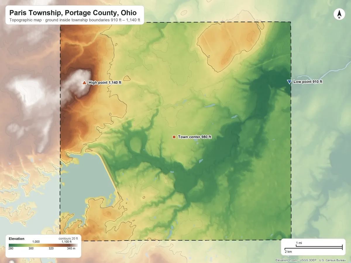 Topographic elevation map of Paris Township, Portage County, Ohio, shaded from 910 ft on the northeast side to 1,140 ft on the northwest side