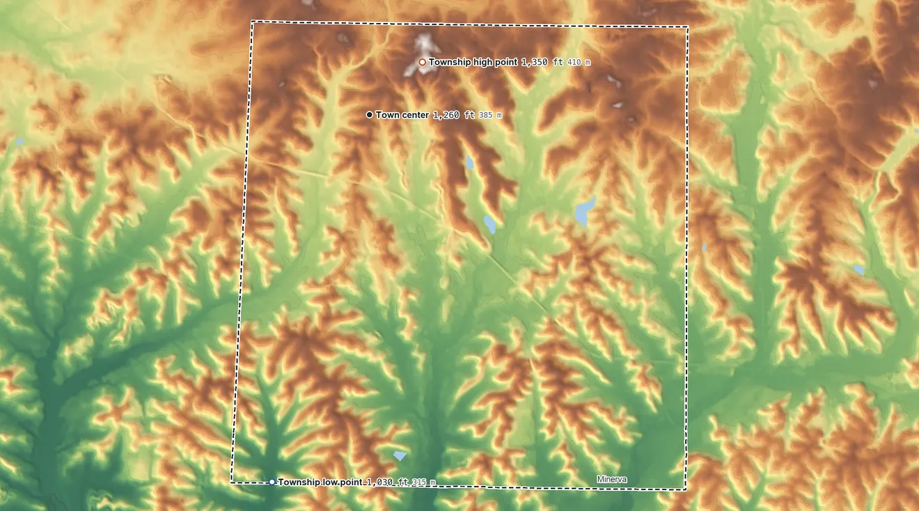 Topographic elevation map of Paris Township, Stark County, Ohio, shaded from 1,030 ft on the south side to 1,350 ft on the northeast side