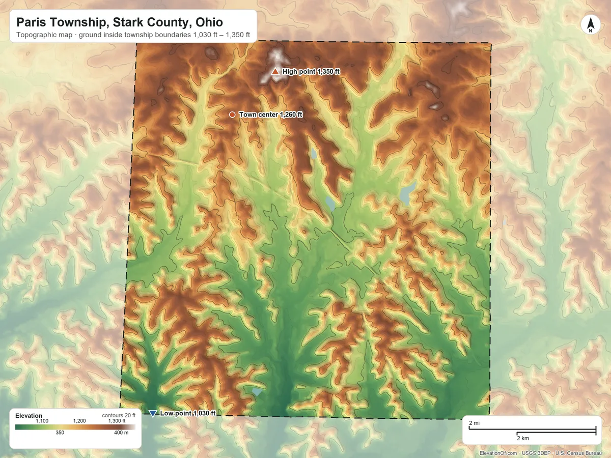 Topographic elevation map of Paris Township, Stark County, Ohio, shaded from 1,030 ft on the south side to 1,350 ft on the northeast side