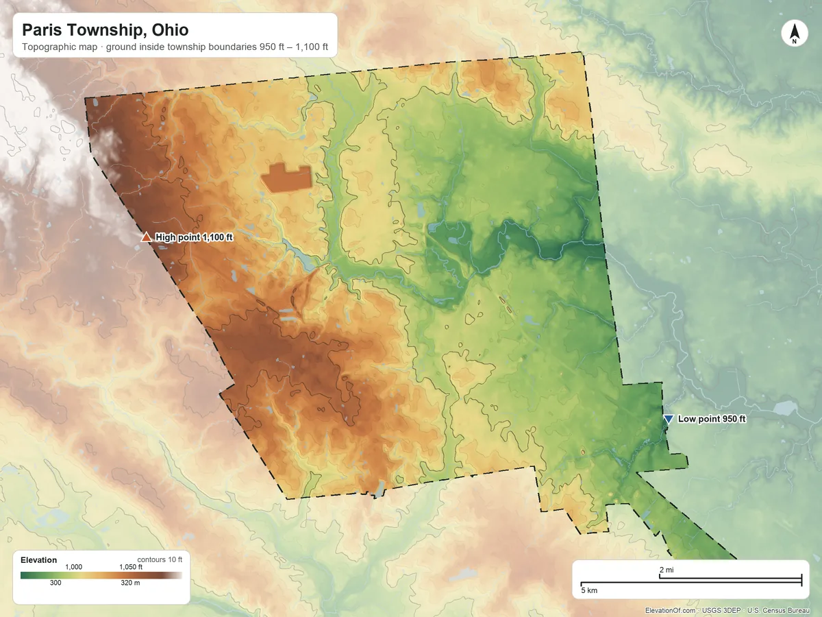 Topographic elevation map of Paris Township, Ohio, shaded from 950 ft on the east side to 1,100 ft on the west side
