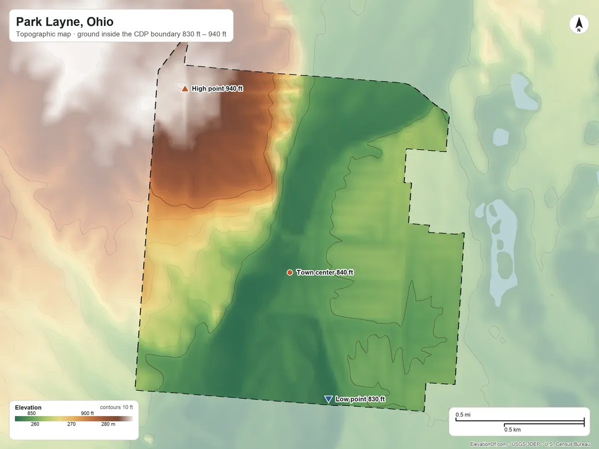 Topographic elevation map of Park Layne, Ohio, shaded from 830 ft on the south side to 940 ft on the northwest side