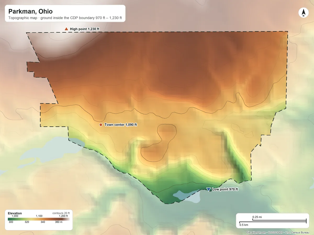 Topographic elevation map of Parkman, Ohio, shaded from 970 ft on the southeast side to 1,230 ft on the north side