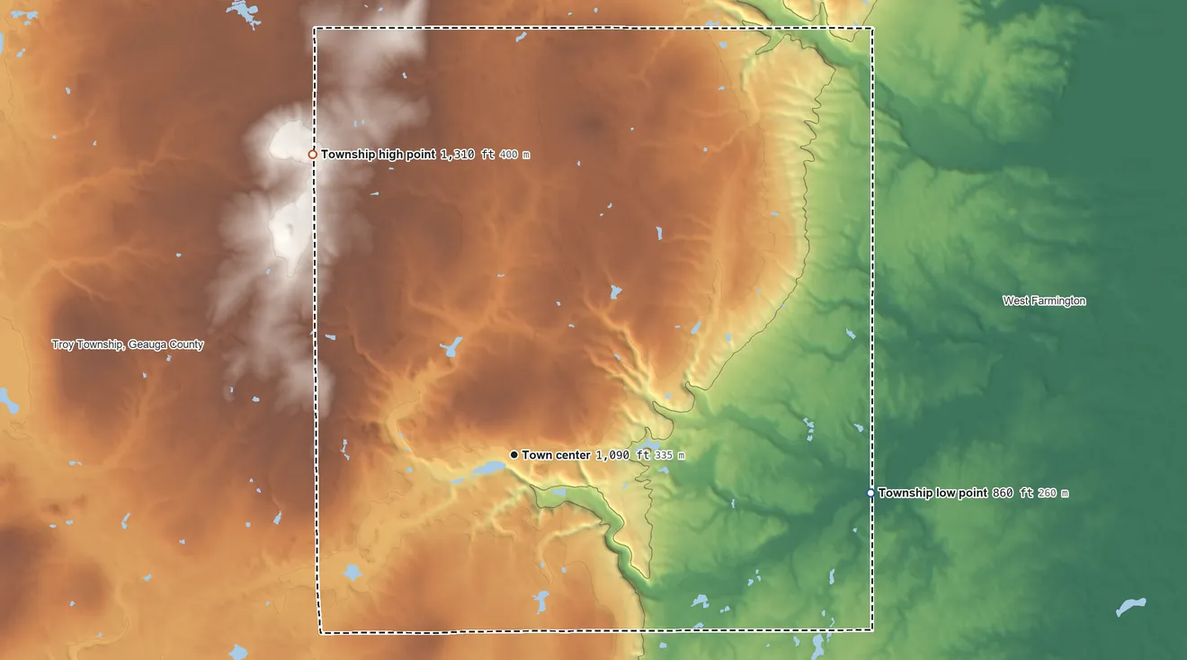 Topographic elevation map of Parkman Township, Ohio, shaded from 860 ft on the east side to 1,310 ft on the northwest side