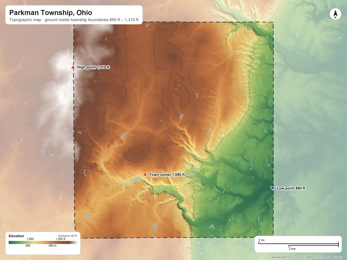 Topographic elevation map of Parkman Township, Ohio, shaded from 860 ft on the east side to 1,310 ft on the northwest side