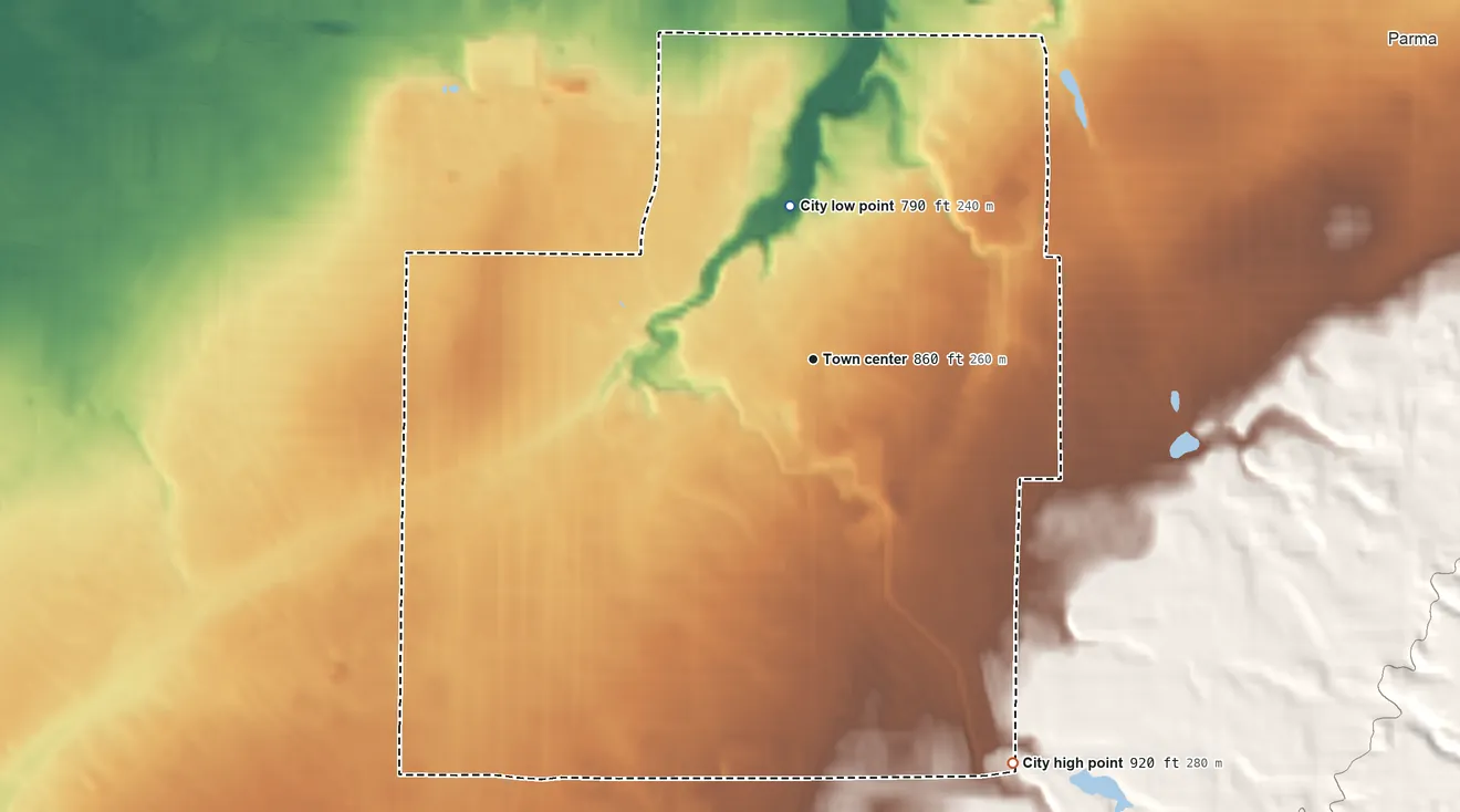Topographic elevation map of Parma Heights, Ohio, shaded from 790 ft on the north side to 920 ft on the southeast side