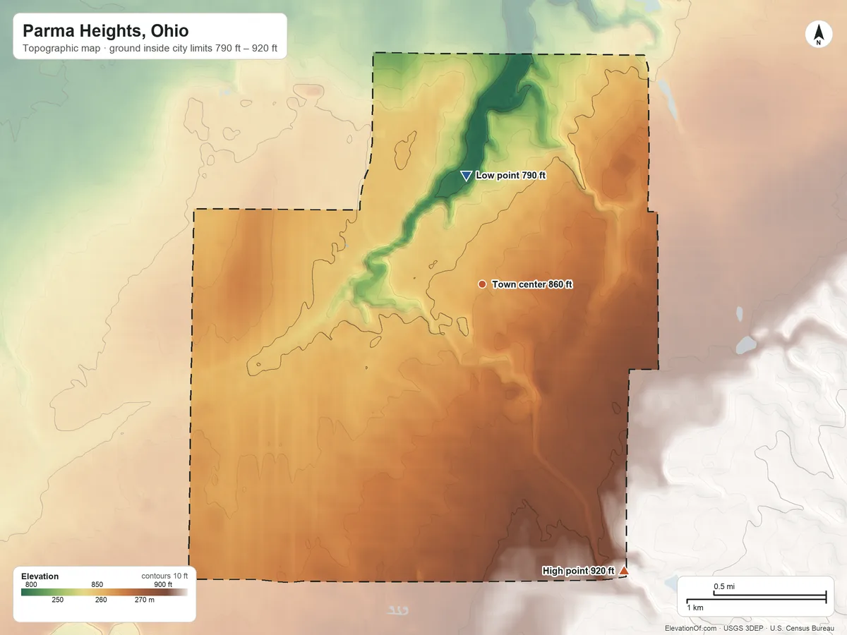 Topographic elevation map of Parma Heights, Ohio, shaded from 790 ft on the north side to 920 ft on the southeast side