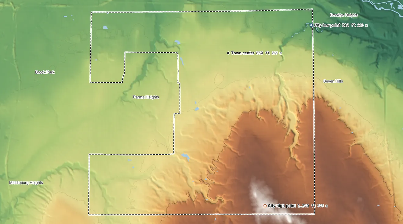 Topographic elevation map of Parma, Ohio, shaded from 710 ft on the east side to 1,240 ft on the south side
