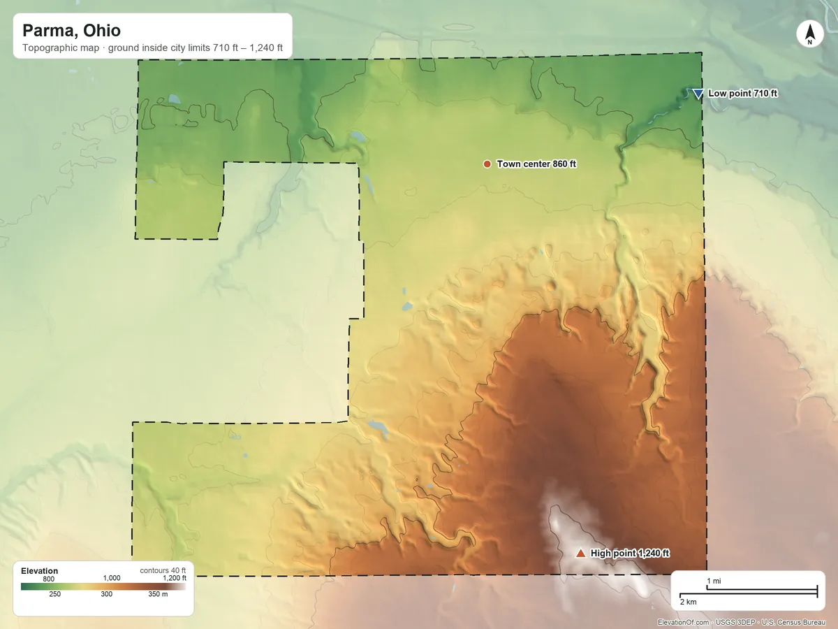 Topographic elevation map of Parma, Ohio, shaded from 710 ft on the east side to 1,240 ft on the south side